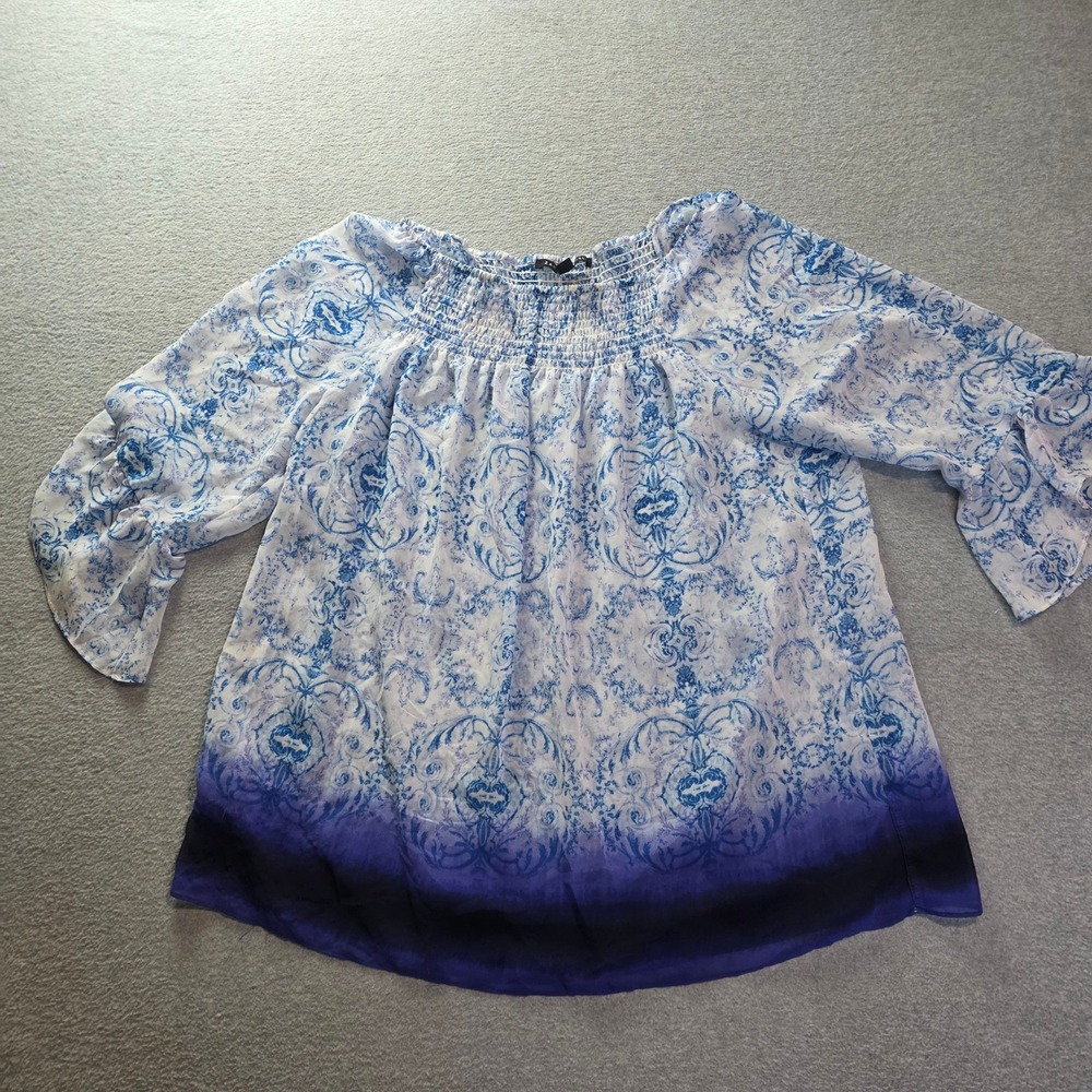 Zac & Rachel Peasant Blouse Womens XL Blue Floral Smocked Neck Boho Ombre Top